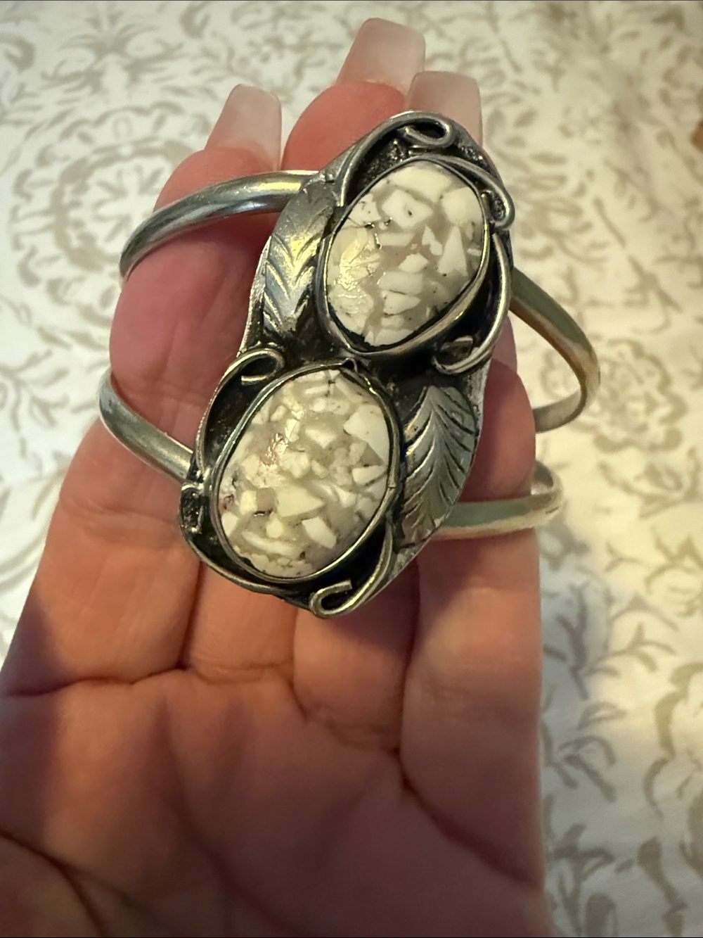 WHITE BUFFALO Sterling Cuff Navajo Stamped